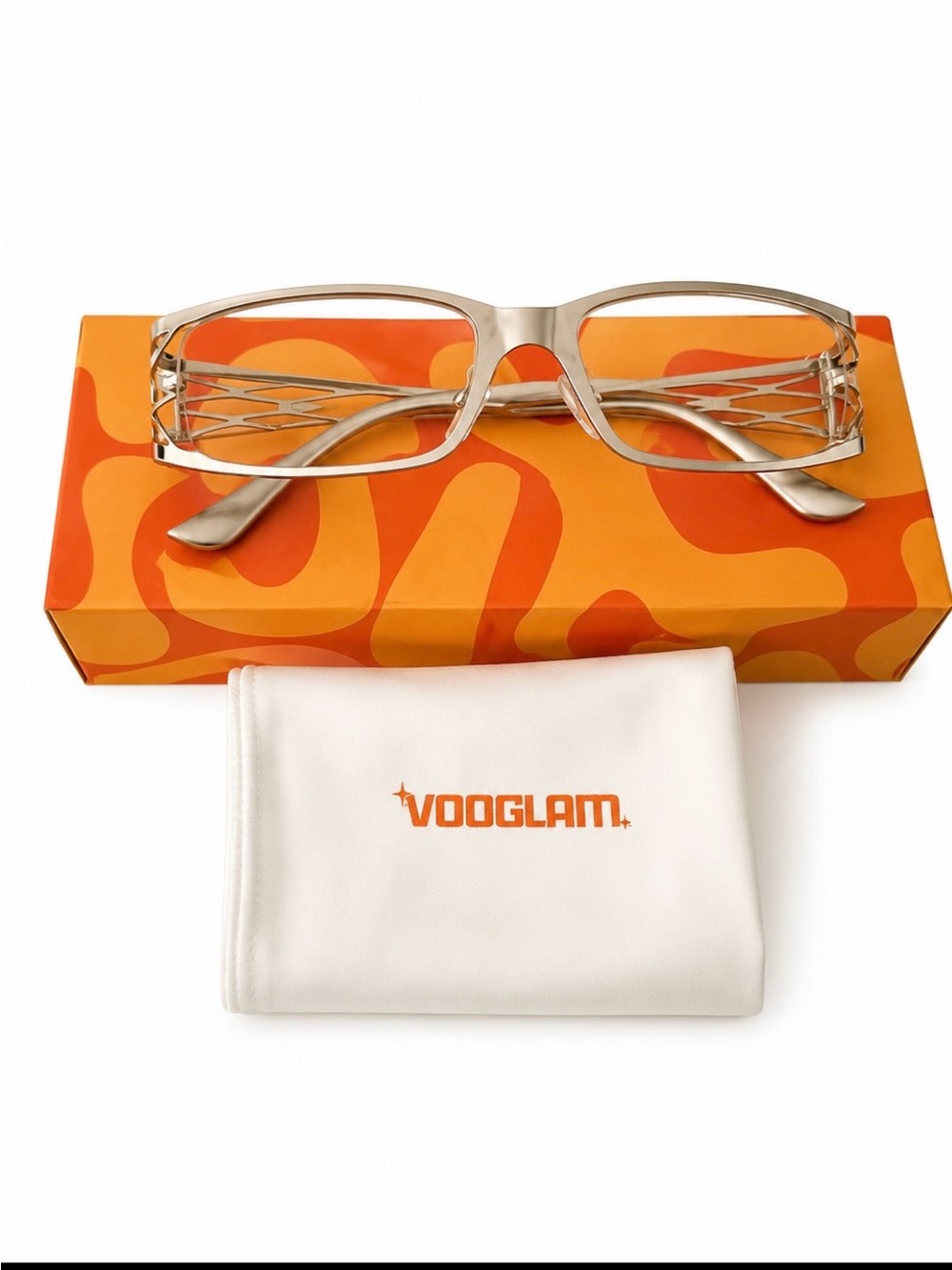 VOOGLAM Metallic Silver Rectangular Eyeglasses with Orange Case